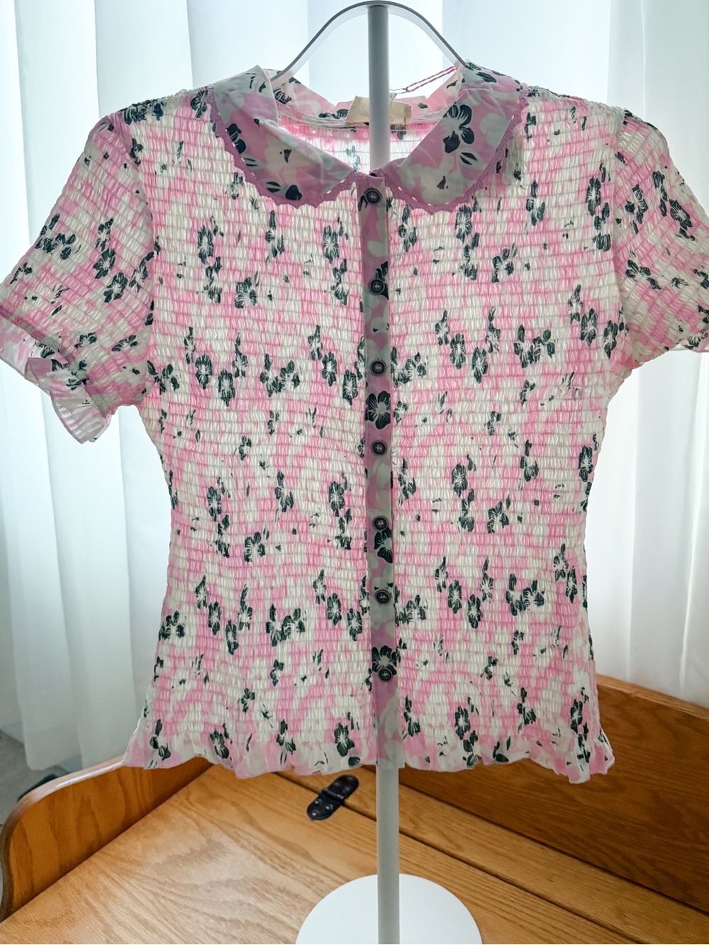 Umgee Pink Floral Button-Front Ruffle Collar Top - Picture 3 of 3